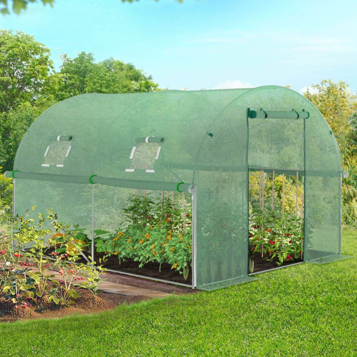 Serre de jardin tunnel 6 m² 3 x 2 x 2 m acier galvanisé + bâche anti-UV avec porte et fenêtres ROMA verte toutes saisons