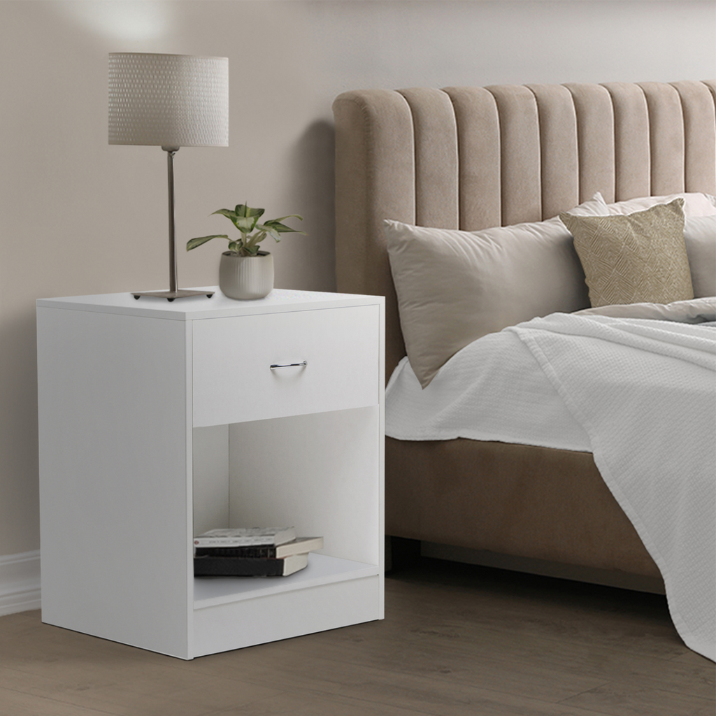 Lot de 2 tables de chevet OLGA 1 tiroir avec niche bois blanc