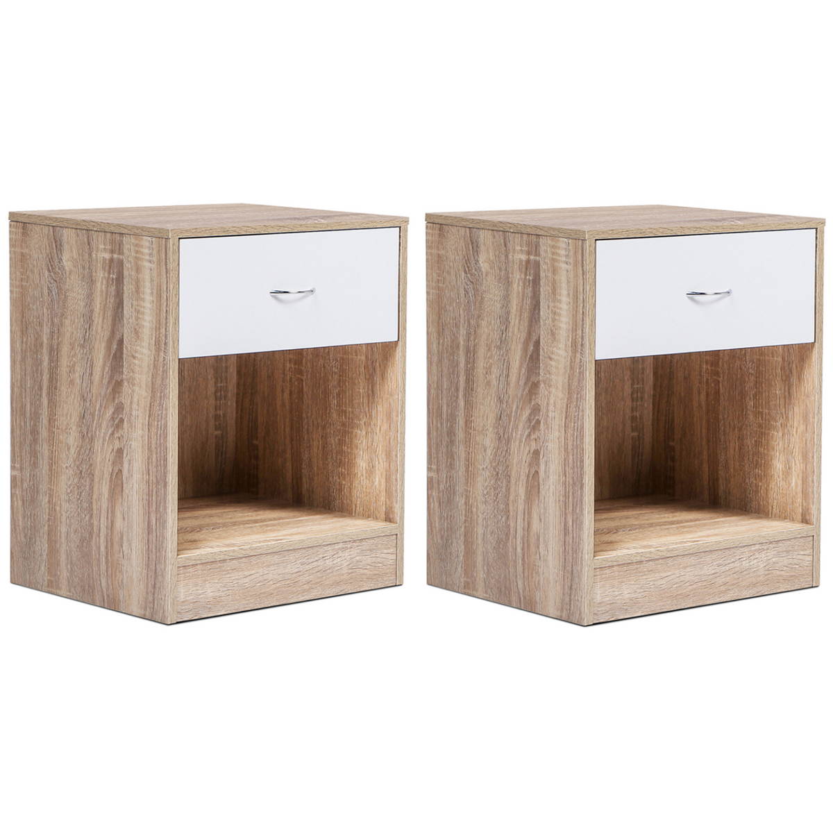 Lot de 2 tables de chevet OLGA 1 tiroir avec niche, décor hêtre et tiroir blanc