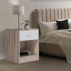 Lot de 2 tables de chevet OLGA 1 tiroir avec niche, décor hêtre et tiroir blanc