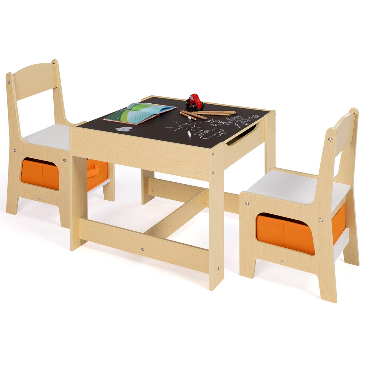 Table à dessin réversible + 2 chaises GABRIEL avec bacs de rangement en bois aspect hêtre