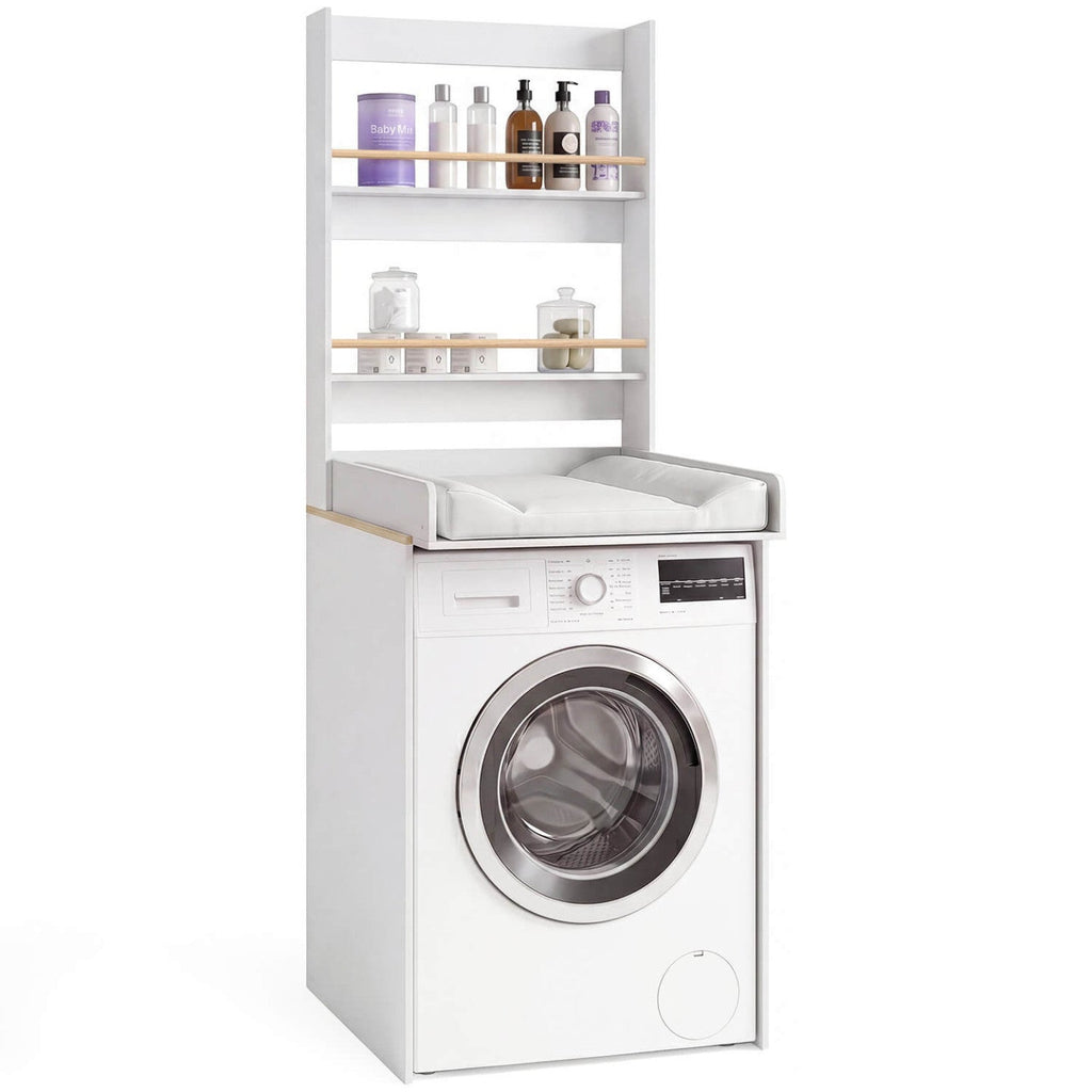 Table à langer évolutive AMBRE pour lave-linge, décor hêtre et blanc, avec 2 étagères et plan à langer amovible