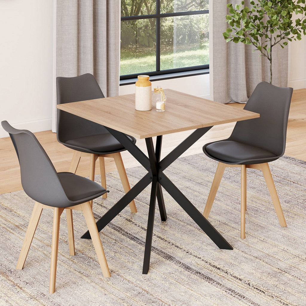 Table à manger carrée ALIX 4 personnes pied araignée bois et noir 80 cm