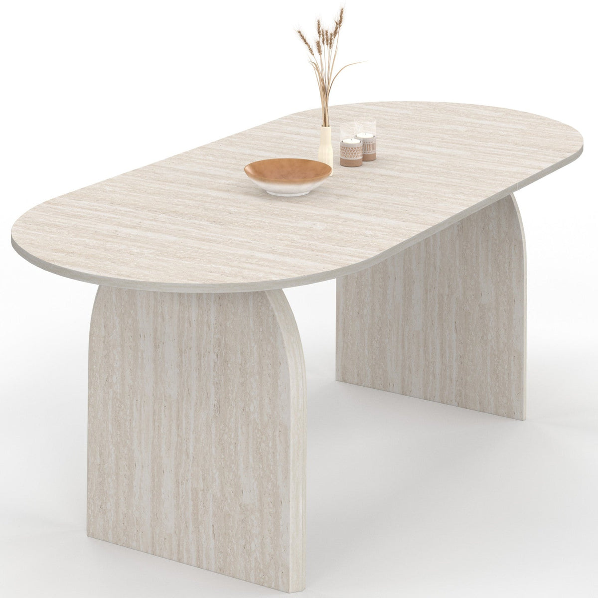 Table de salle à manger extensible ovale style Japandi EDITH, aspect travertin, 6-10 personnes, 160-200 cm