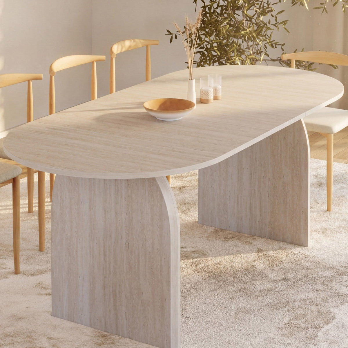 Table de salle à manger extensible ovale style Japandi EDITH, aspect travertin, 6-10 personnes, 160-200 cm