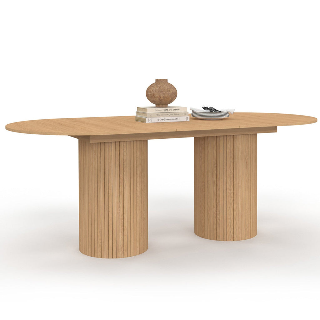 Table à manger ovale extensible JULIETTE 6-10 personnes, pieds cylindriques effet lattes, 160-200 cm