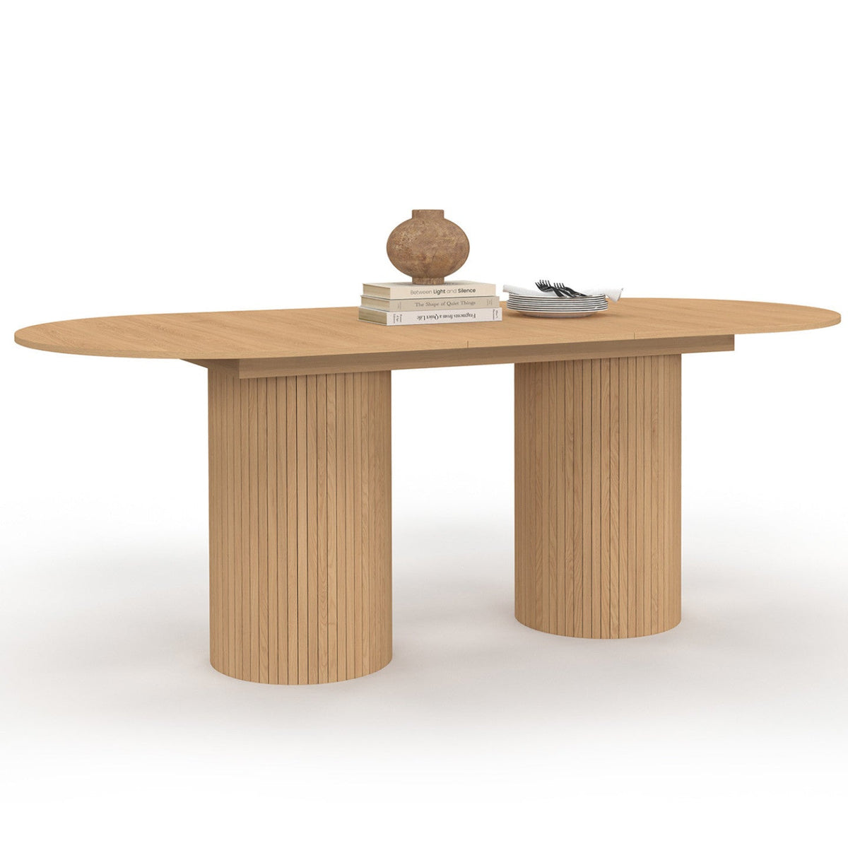 Table à manger ovale extensible JULIETTE 6-10 personnes, pieds cylindriques effet lattes, 160-200 cm
