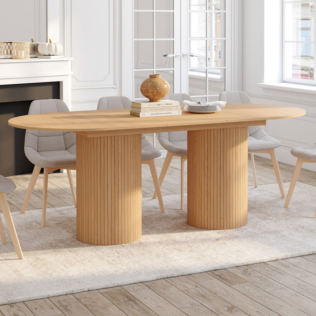 Table à manger ovale extensible JULIETTE 6-10 personnes, pieds cylindriques effet lattes, 160-200 cm