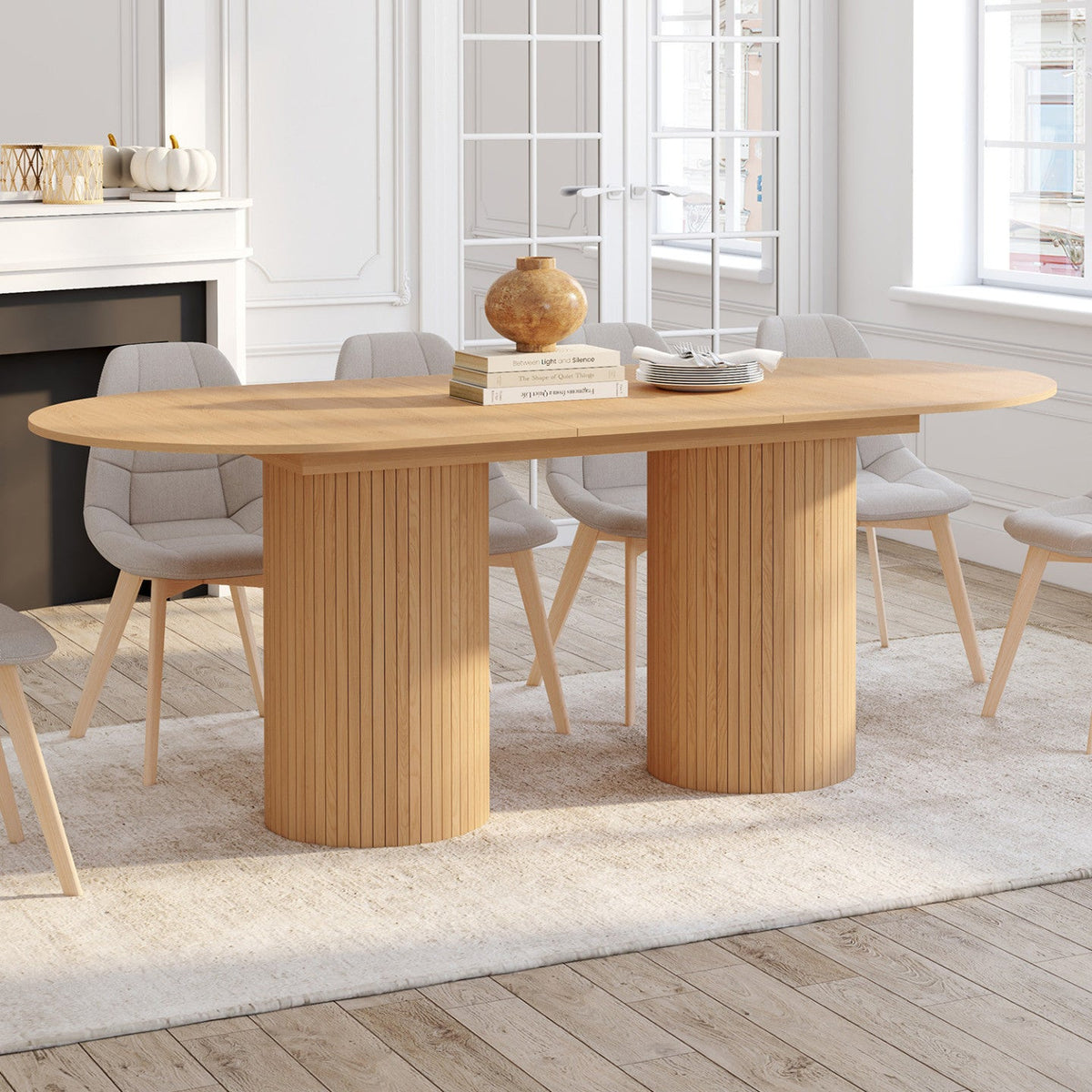 Table à manger ovale extensible JULIETTE 6-10 personnes, pieds cylindriques effet lattes, 160-200 cm