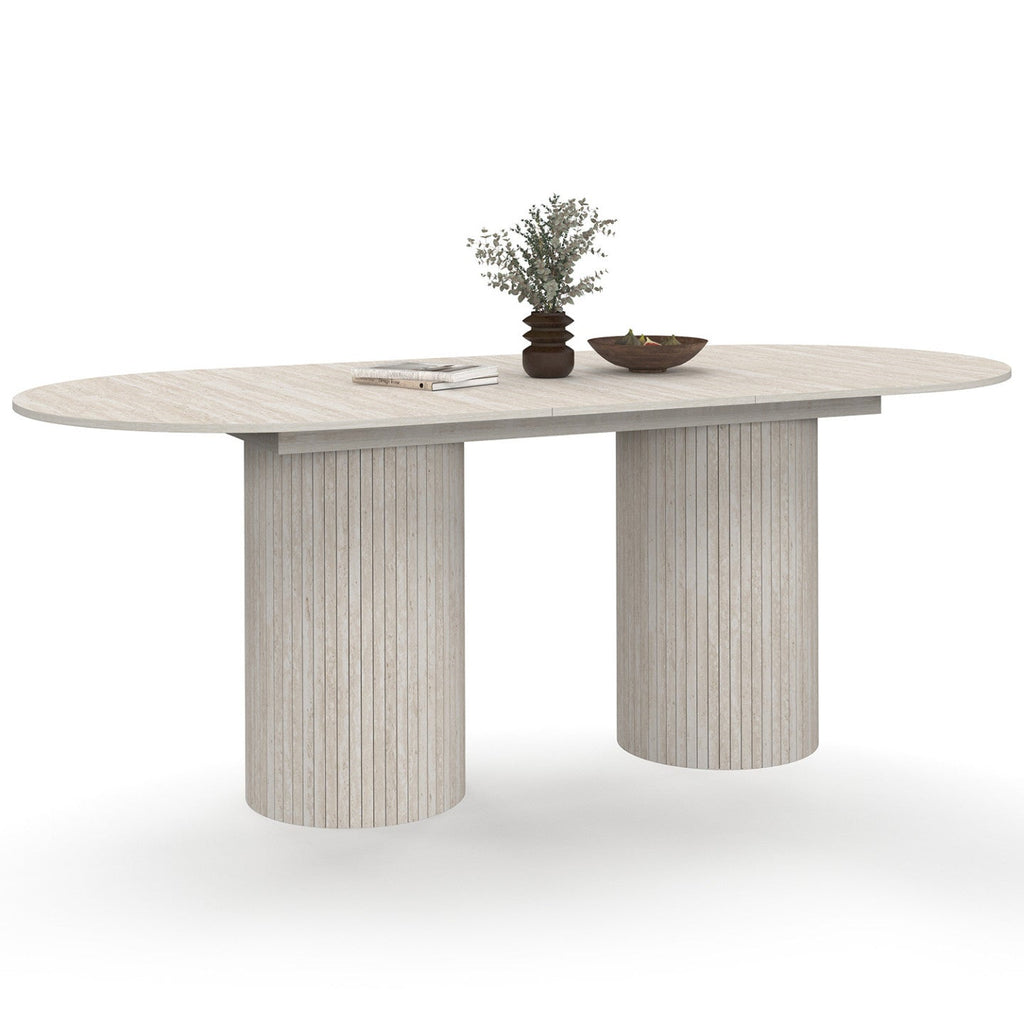 Table à manger extensible ovale JULIETTE 6-10 personnes, pieds cylindriques effet lattes et plateau effet travertin, 160-200 cm
