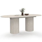 Table à manger extensible ovale JULIETTE 6-10 personnes, pieds cylindriques effet lattes et plateau effet travertin, 160-200 cm