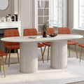 Table à manger extensible ovale JULIETTE 6-10 personnes, pieds cylindriques effet lattes et plateau effet travertin, 160-200 cm