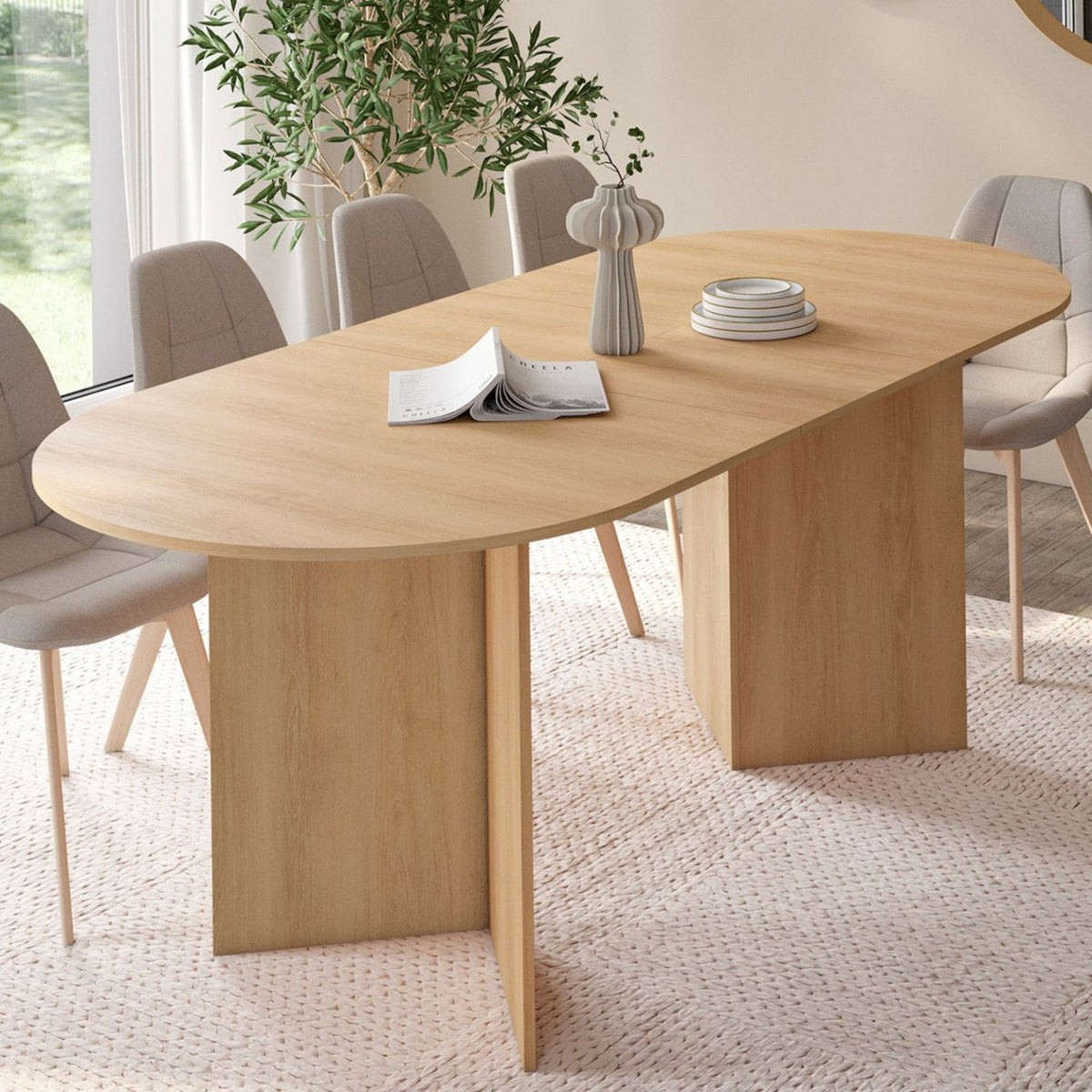 Table à manger ovale extensible MARTHE 6-10 personnes bois aspect hêtre 160-200 cm
