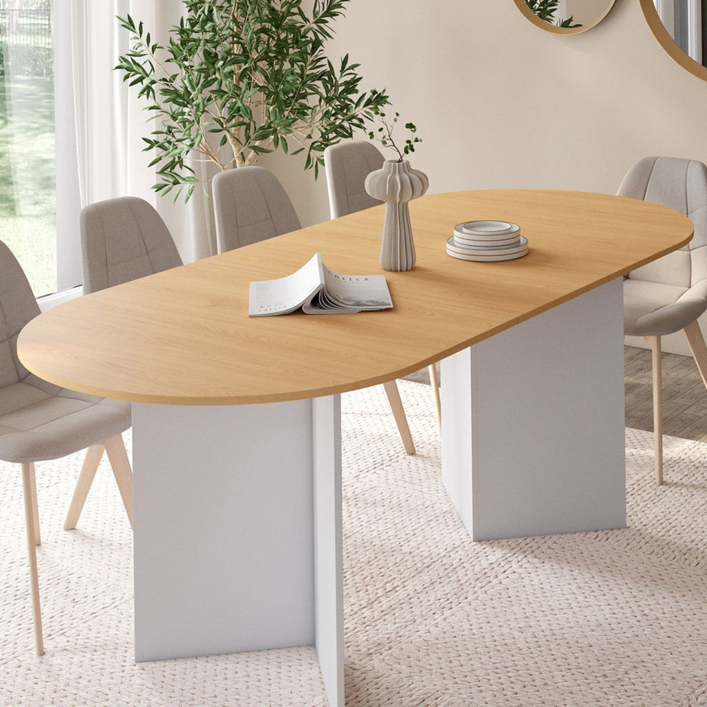 Table à manger ovale extensible MARTHE 6-10 personnes, décor bois façon hêtre et blanc, 160-200 cm