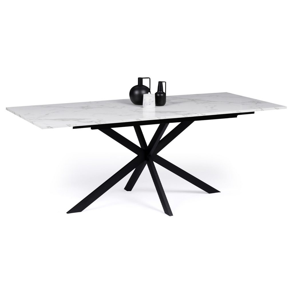 Table à manger extensible rectangulaire ALIX 6-10 personnes, pied araignée noir, plateau effet marbre blanc ALASKA 160-200 cm