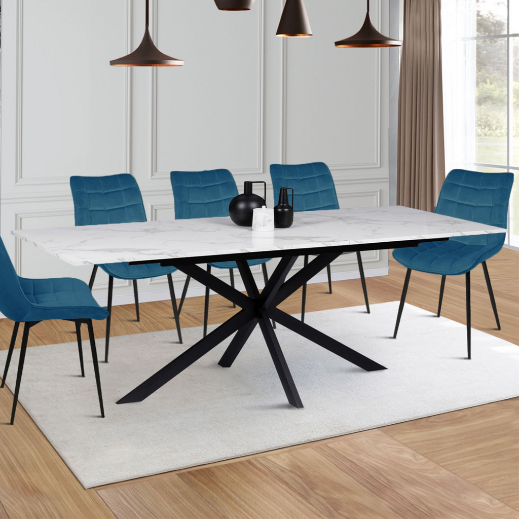 Table à manger extensible rectangulaire ALIX 6-10 personnes, pied araignée noir, plateau effet marbre blanc ALASKA 160-200 cm