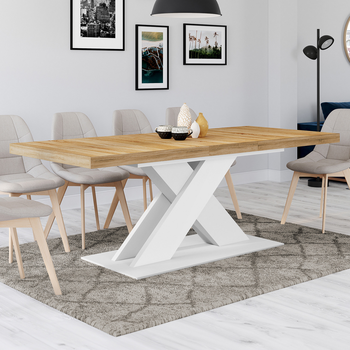 Table de salle à manger rectangulaire extensible ALICIA 6-10 personnes bois et blanc 160-200 cm