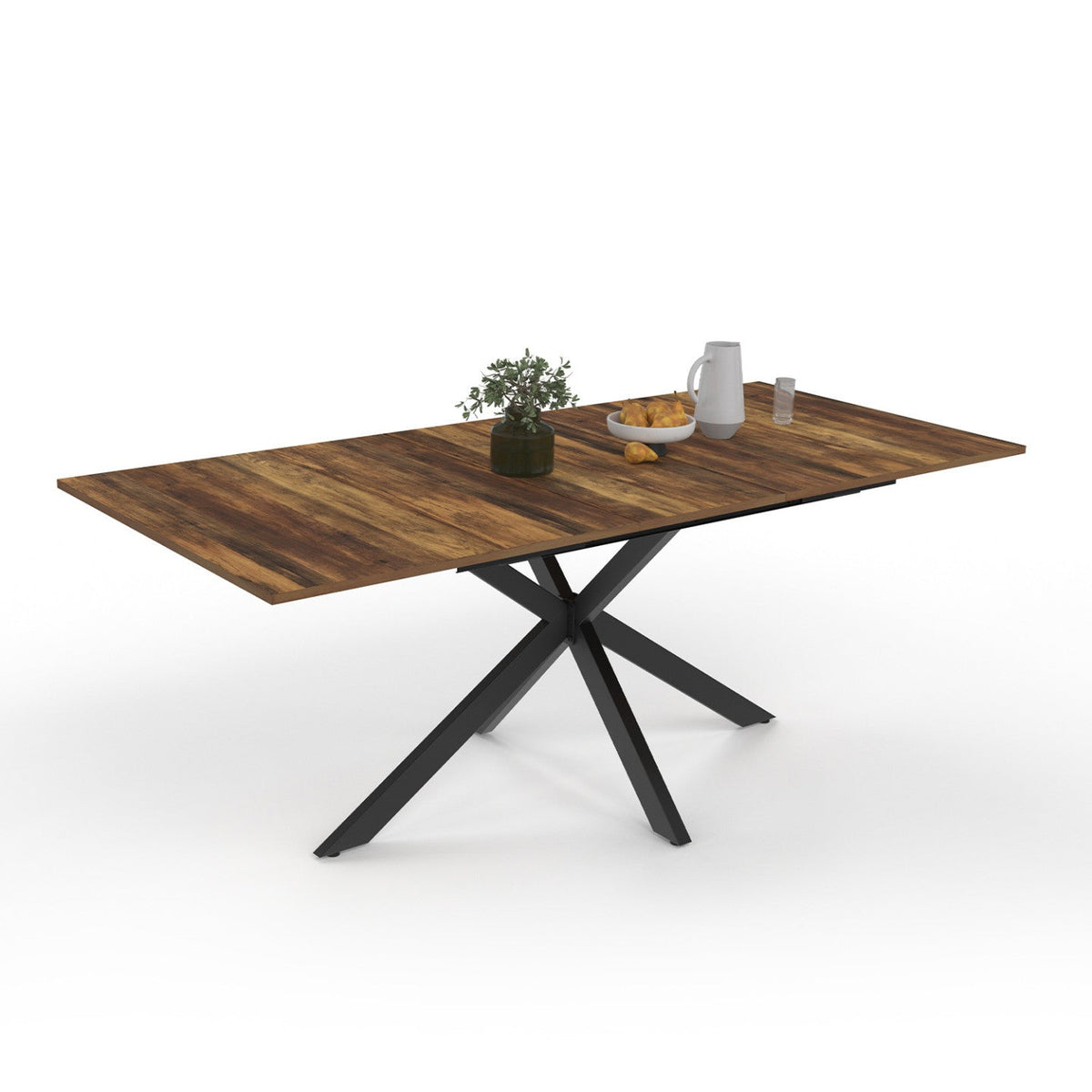 Table de salle à manger extensible rectangulaire ALIX 6-10 personnes, pied araignée noir et noyer, finition bois foncé HAWKINS 160-200 cm