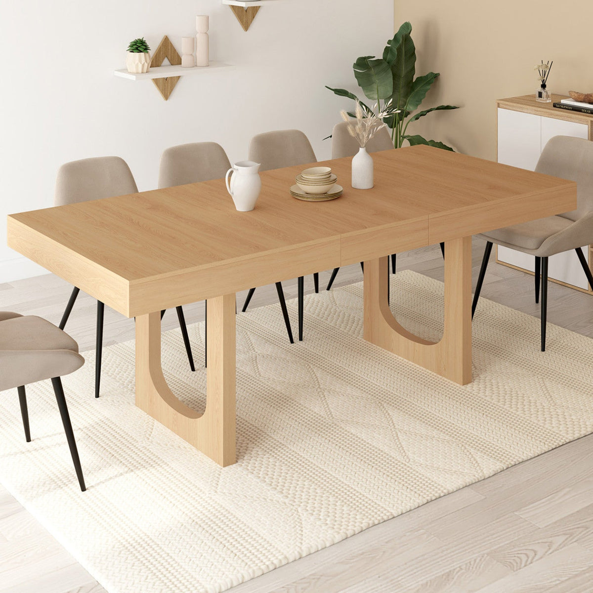 Table à manger rectangulaire extensible ALOISE 4-8 personnes, pied arche, effet bois de hêtre, 160-200 cm