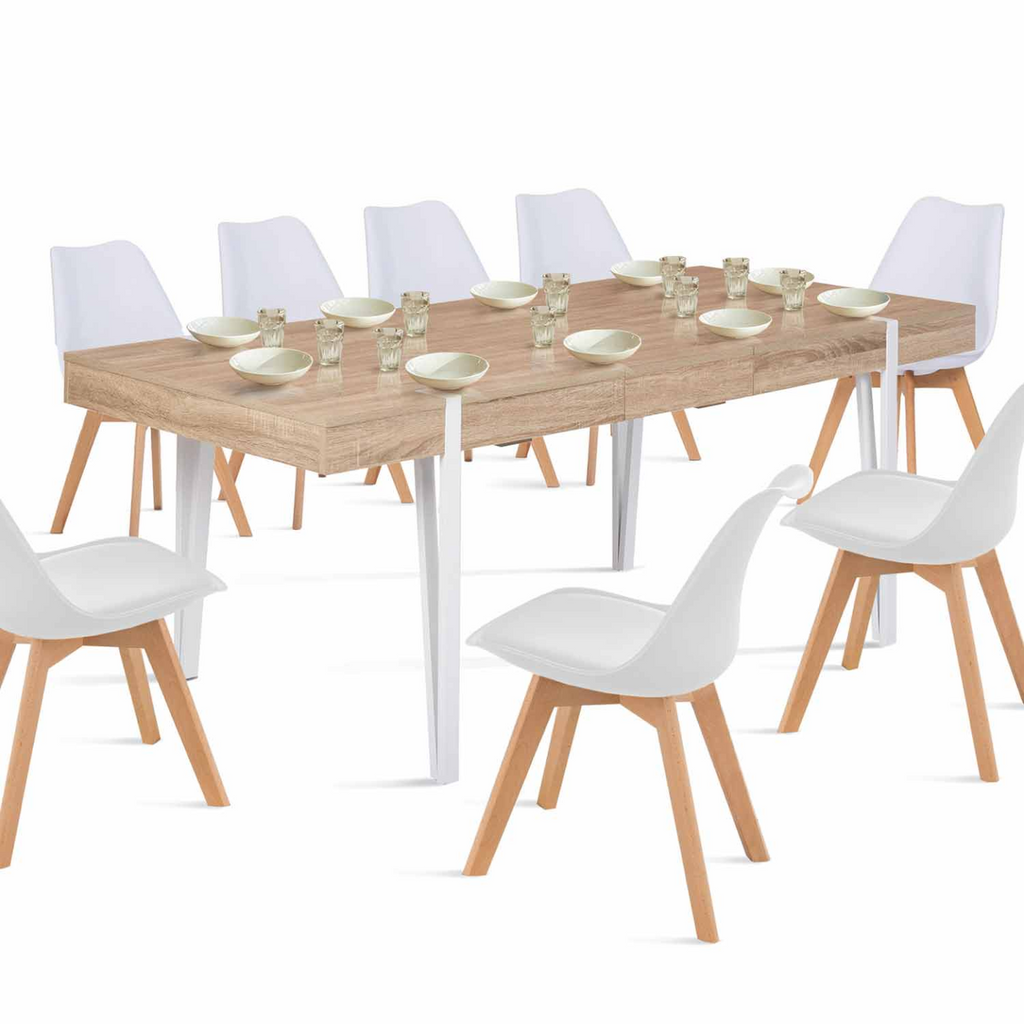 Table à manger rectangulaire extensible AUSTRIA 6-10 personnes bois pieds épingle blanc 160-200 cm