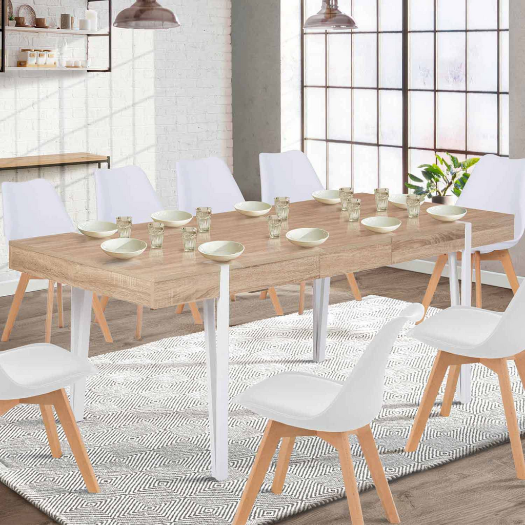 Table à manger rectangulaire extensible AUSTRIA 6-10 personnes bois pieds épingle blanc 160-200 cm