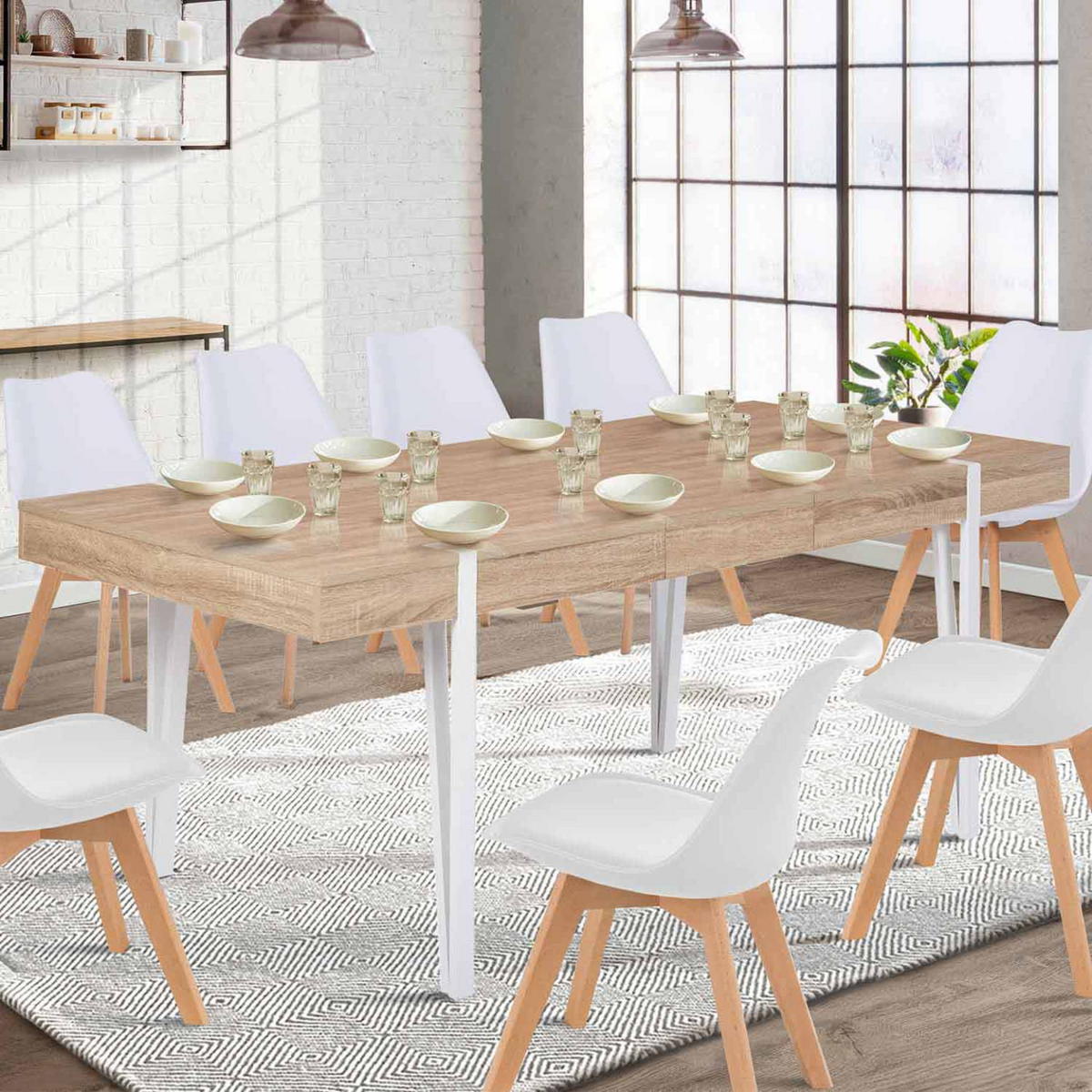 Table à manger rectangulaire extensible AUSTRIA 6-10 personnes bois pieds épingle blanc 160-200 cm