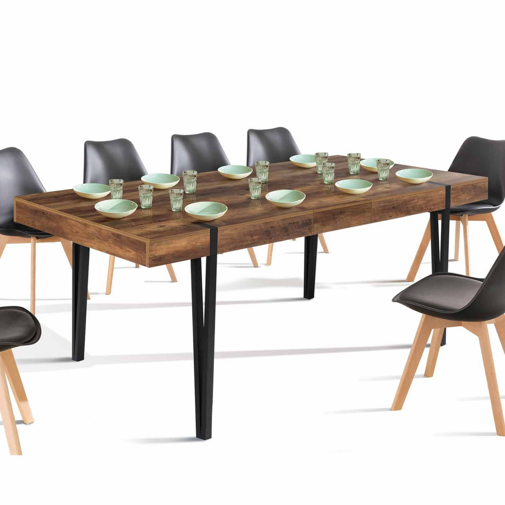 Table à manger rectangulaire extensible AUSTRIA 6-10 personnes, bois foncé, pieds épingle noirs, 160-200 cm
