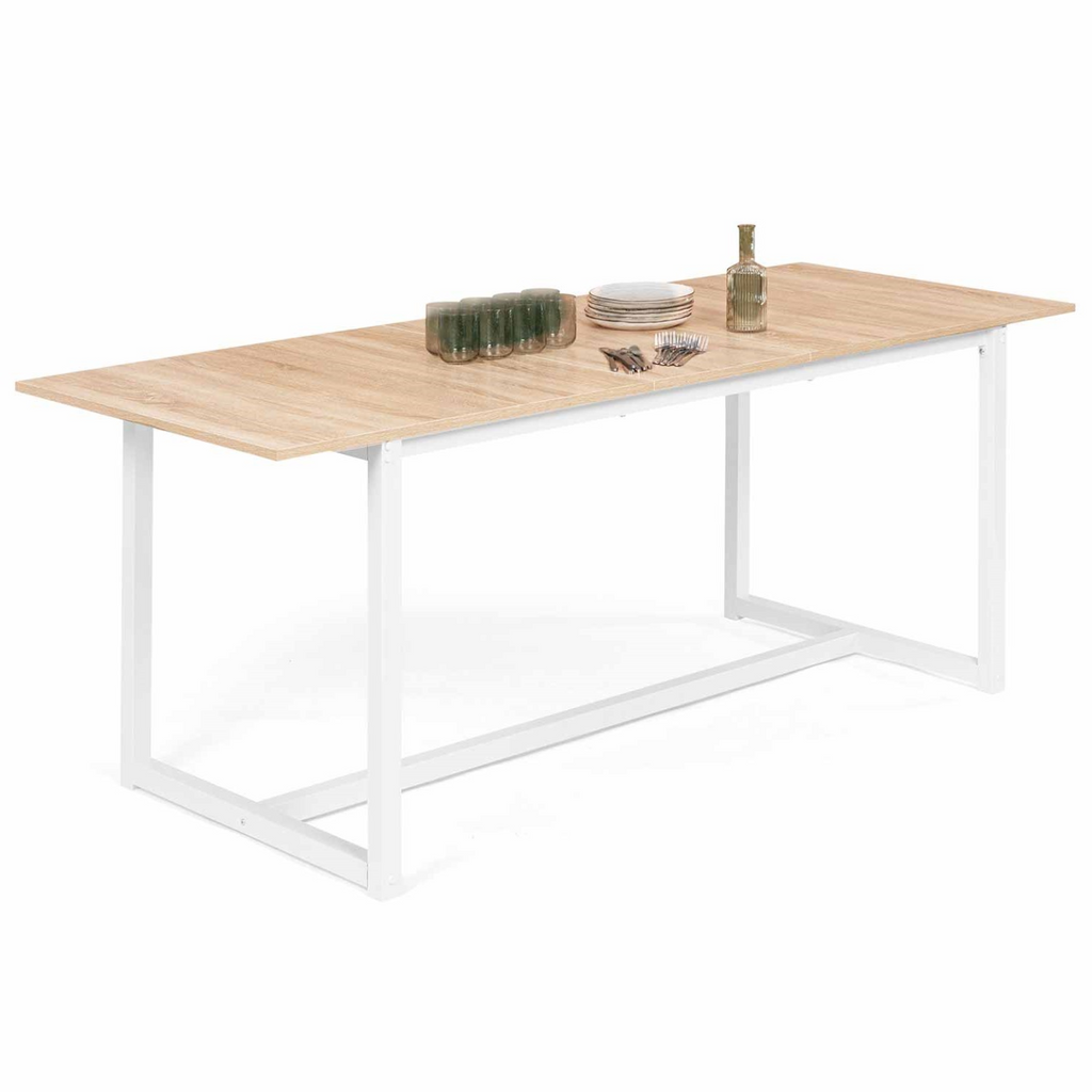 Table à manger extensible rectangulaire DETROIT 6-10 personnes design industriel bois et métal blanc 160-200 cm
