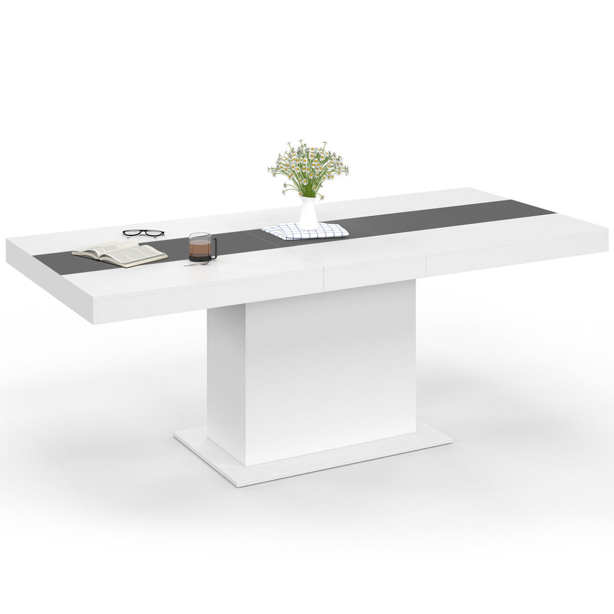 Table à manger rectangulaire extensible EDEN, 6-10 personnes, blanche avec bande centrale grise, 160-200 cm