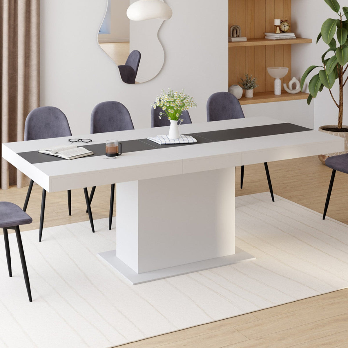 Table à manger rectangulaire extensible EDEN, 6-10 personnes, blanche avec bande centrale grise, 160-200 cm