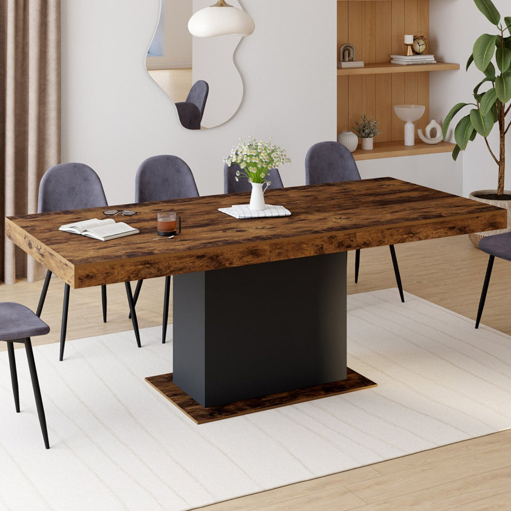 Table de salle à manger rectangulaire extensible EDEN 6-10 personnes, aspect bois vieilli et noir, 160-200 cm