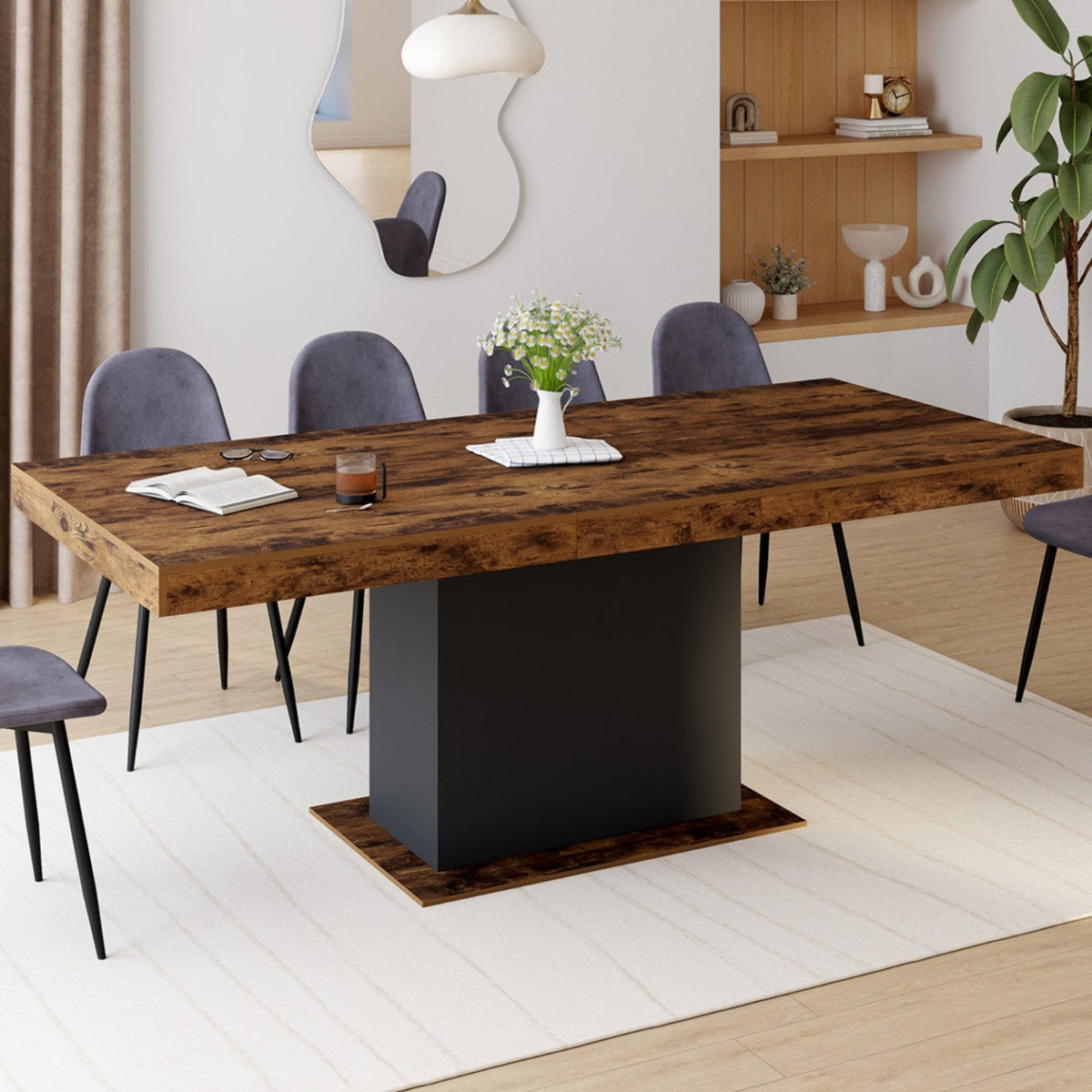 Table de salle à manger rectangulaire extensible EDEN 6-10 personnes, aspect bois vieilli et noir, 160-200 cm