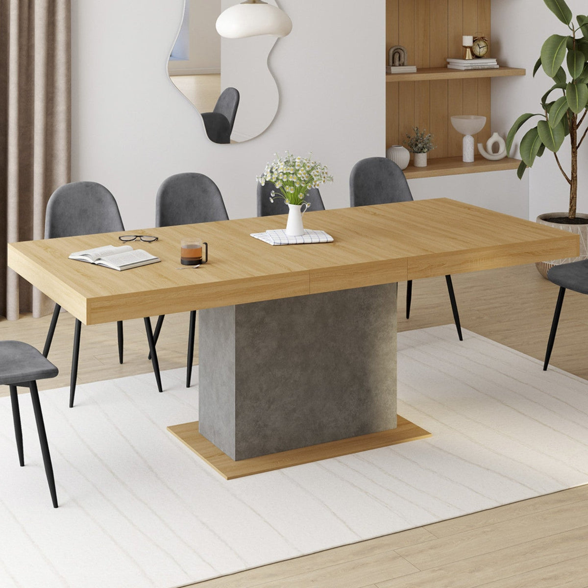 Table de salle à manger extensible rectangulaire EDEN 6-10 personnes bois et effet béton 160-200 cm