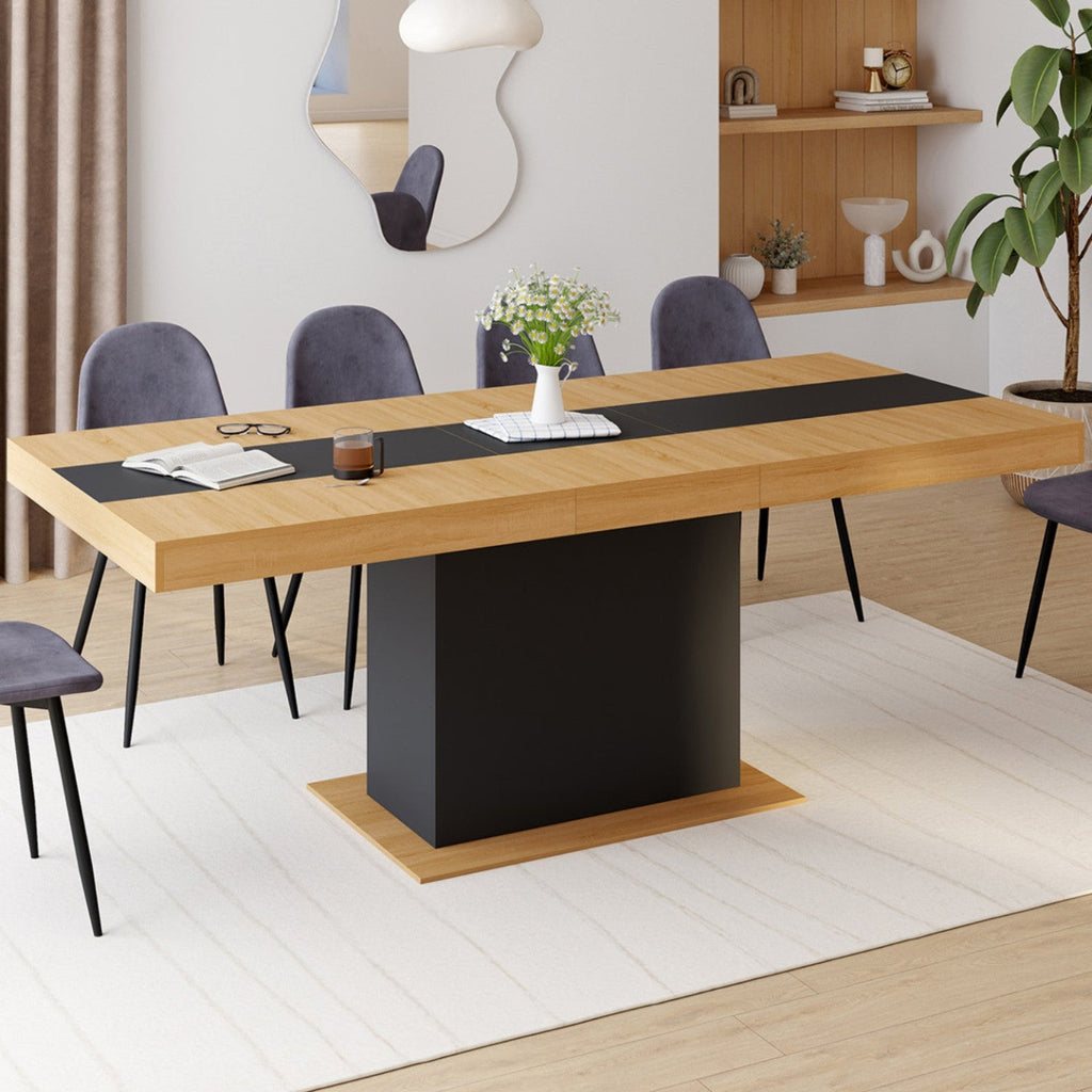 Table à manger extensible rectangulaire EDEN 6-10 personnes bois et noir avec bande centrale noire 160-200 cm