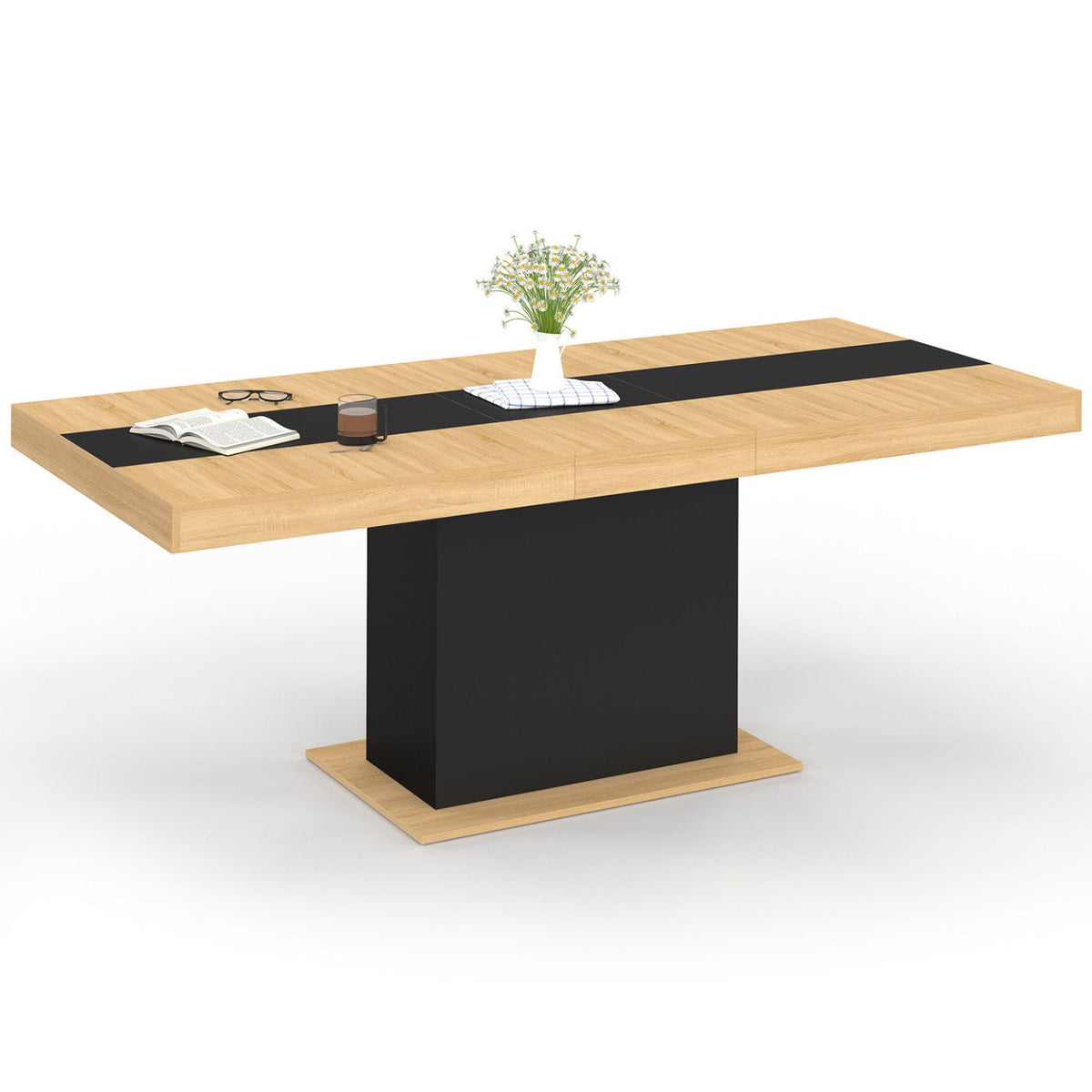 Table à manger extensible rectangulaire EDEN 6-10 personnes bois et noir avec bande centrale noire 160-200 cm