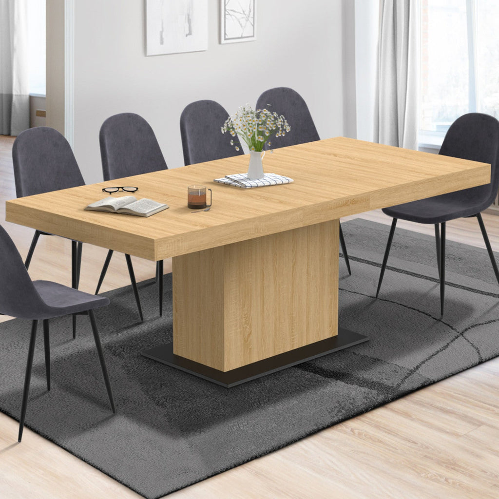 Table de salle à manger rectangulaire extensible EDEN pour 6-10 personnes, bois et socle noir, 160-200 cm