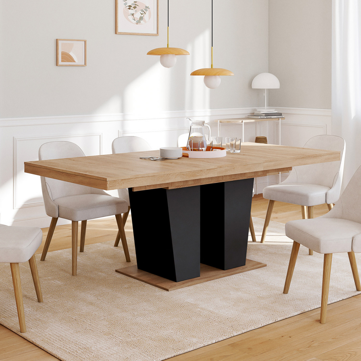 Table de salle à manger extensible rectangulaire ELIAD 6-10 personnes bois et noir 160-200 cm
