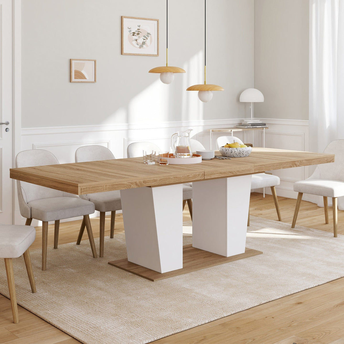 Table à manger extensible rectangulaire ELIAD pour 8-12 personnes, bois et blanc, 200-250 cm