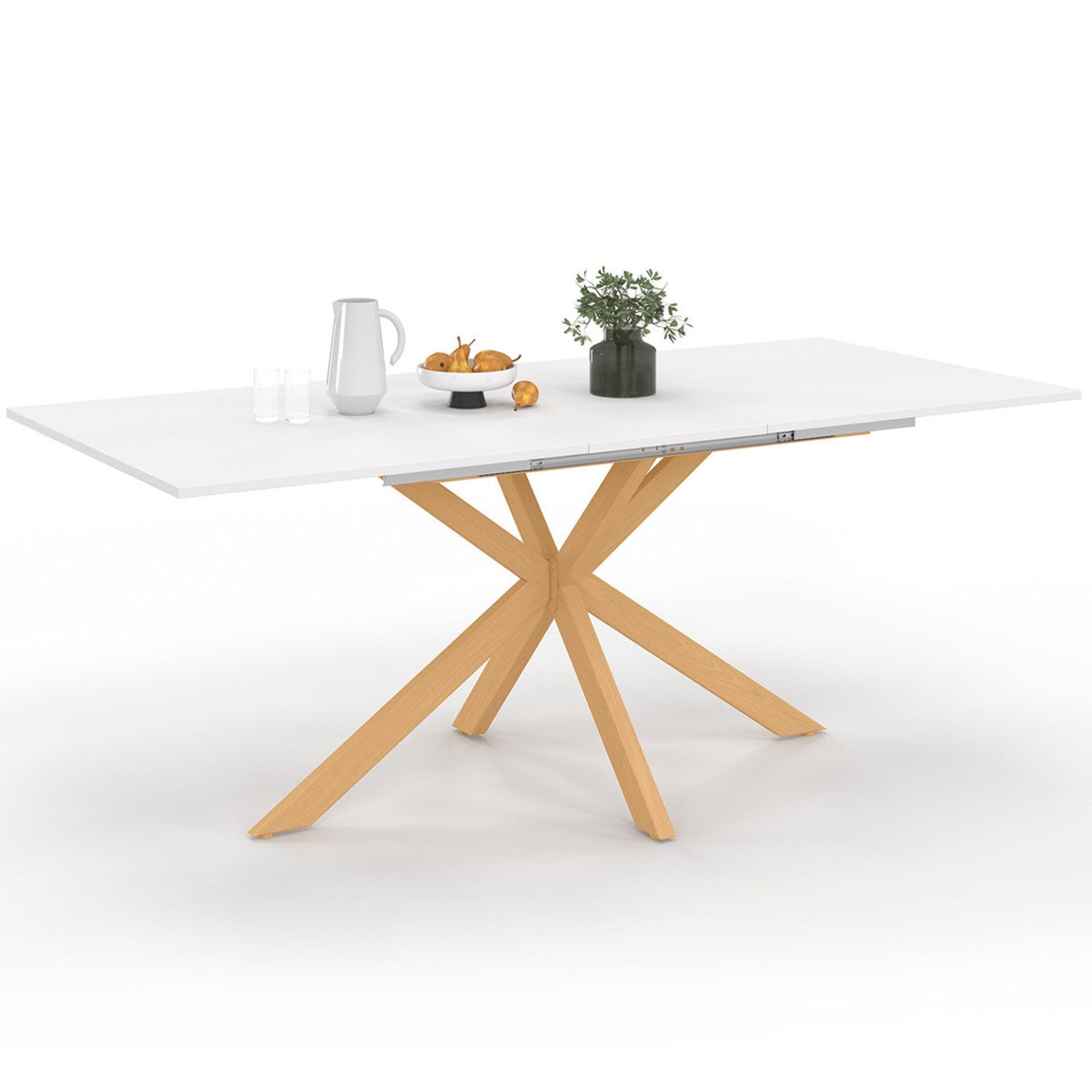 Table à manger rectangulaire extensible ALIX 6-10 personnes, pied araignée en bois et plateau blanc GISELE 160-200 cm