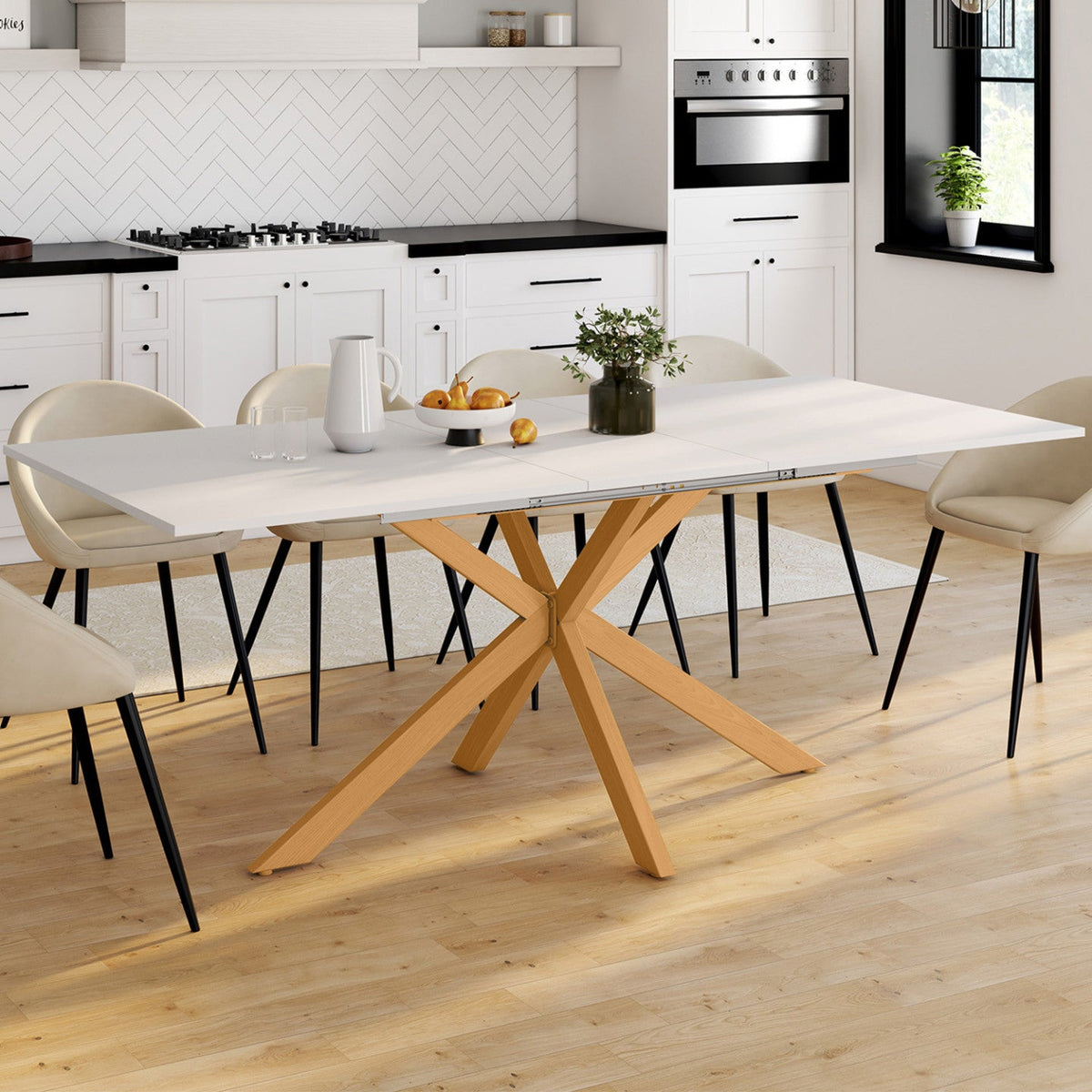 Table à manger rectangulaire extensible ALIX 6-10 personnes, pied araignée en bois et plateau blanc GISELE 160-200 cm