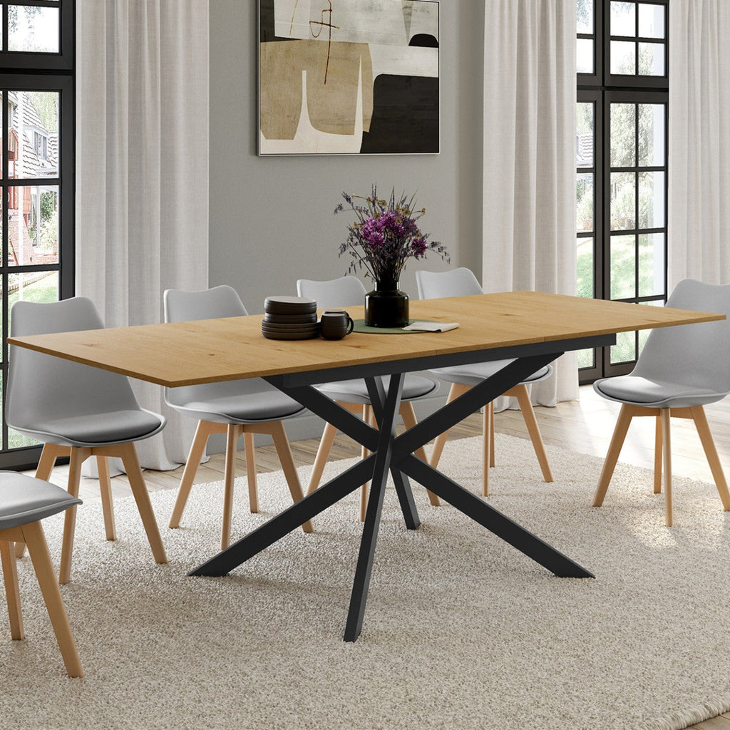 Table à manger extensible rectangulaire INES 6-10 personnes bois et noir 160-200 cm