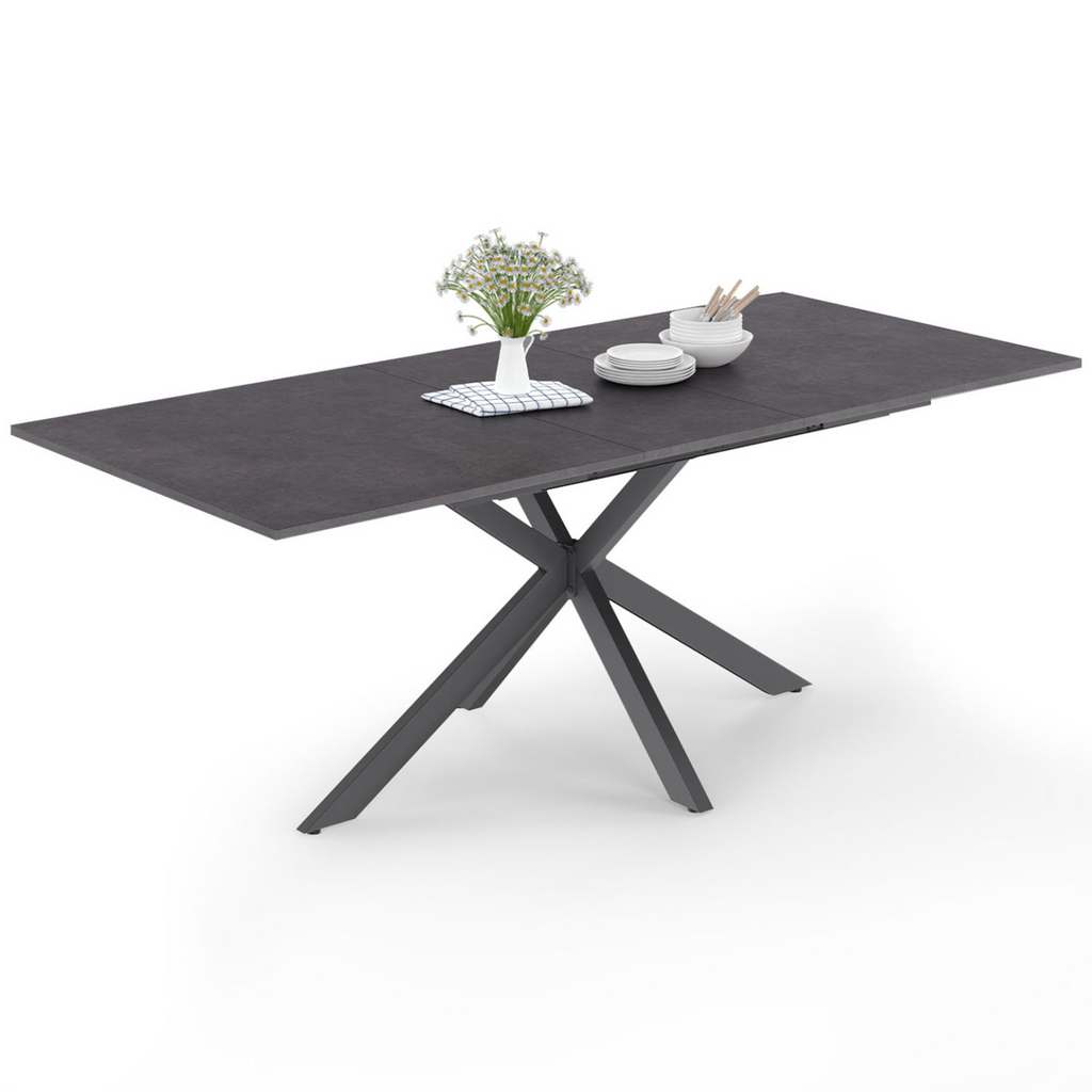 Table à manger extensible rectangulaire JASPE 6-10 personnes, plateau effet béton, pied araignée gris anthracite, 160-200 cm
