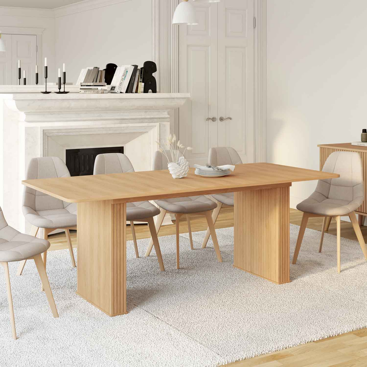 Table à manger rectangulaire extensible JULIETTE 6-10 personnes, pieds à lattes en bois tasseauté, coloris chêne, 160-200 cm