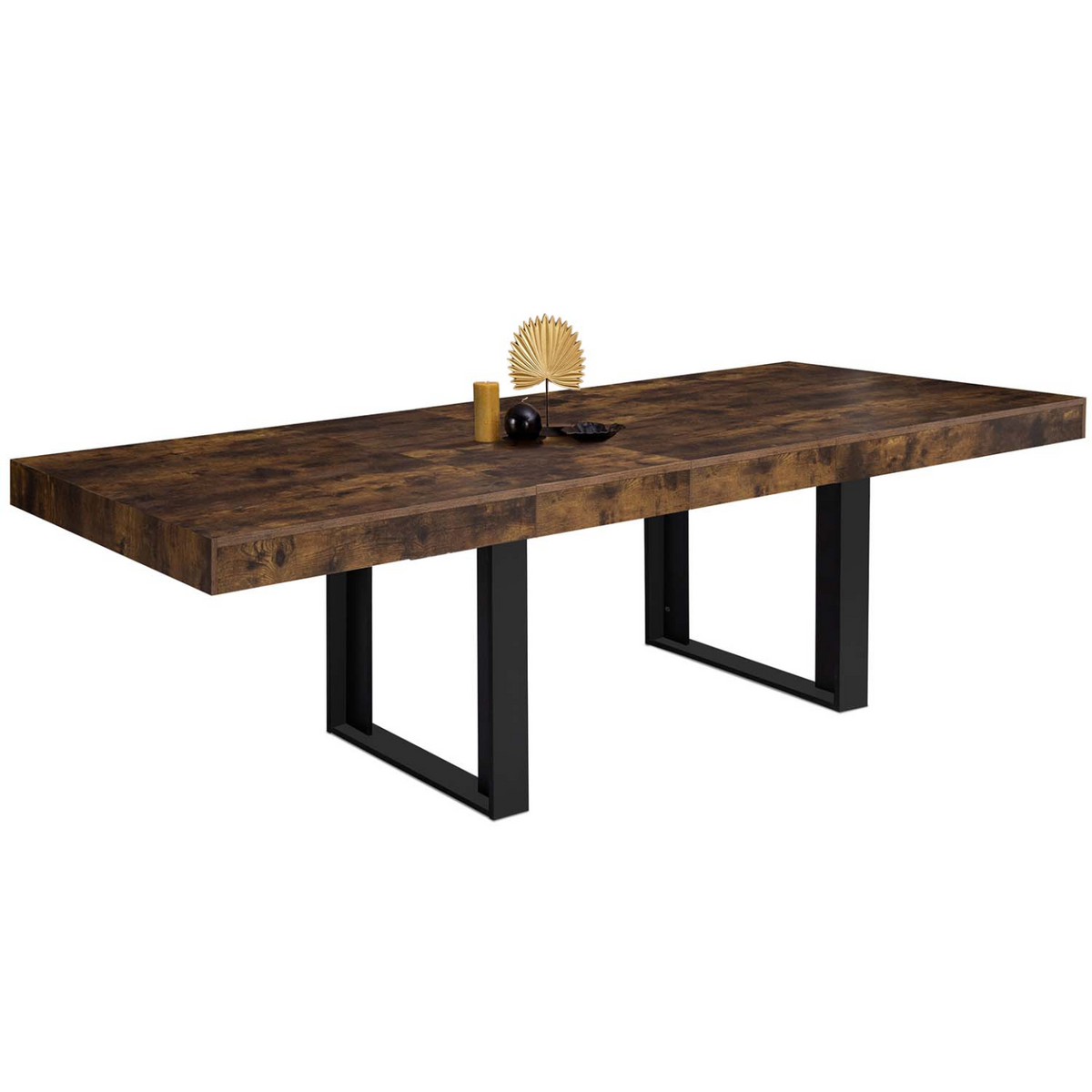 Table de salle à manger extensible rectangulaire PHOENIX 6-12 personnes, bois effet vieilli et noir, 200-300 cm