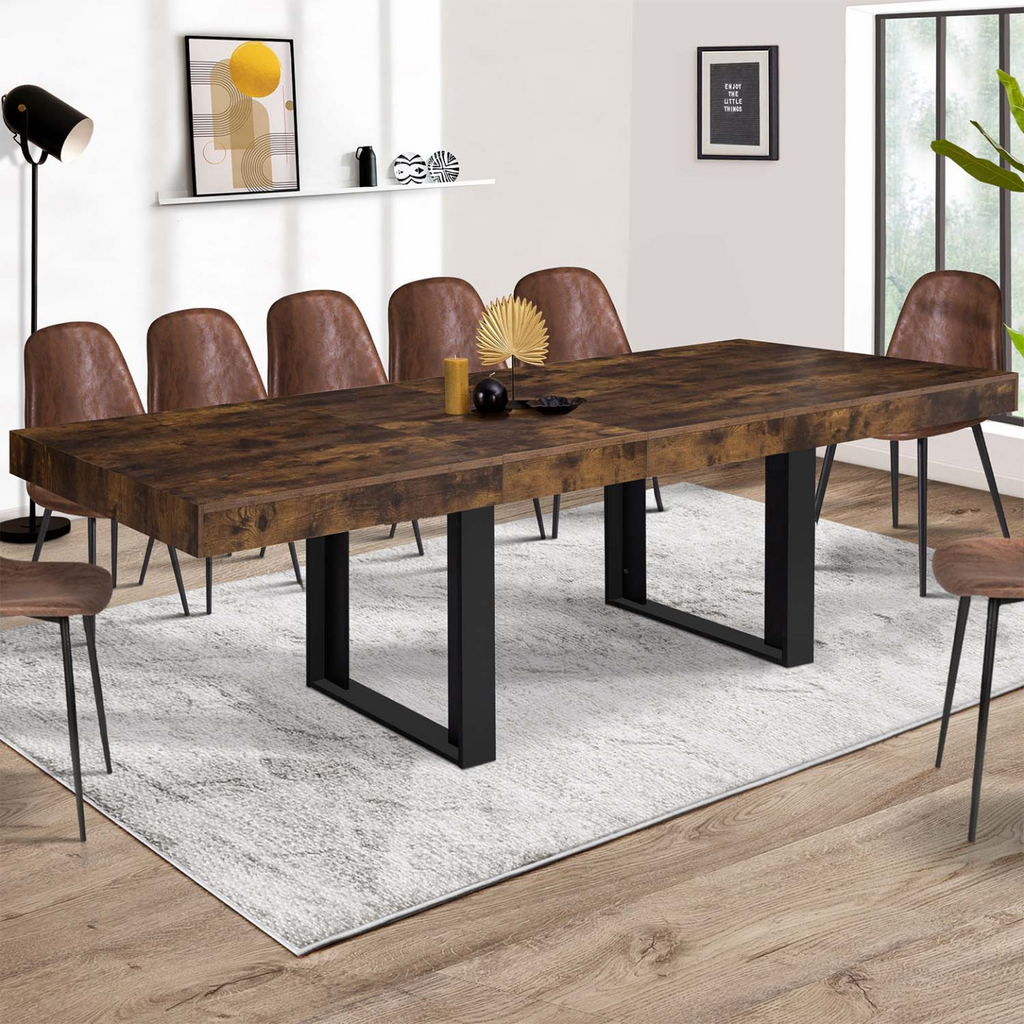 Table de salle à manger extensible rectangulaire PHOENIX 6-12 personnes, bois effet vieilli et noir, 200-300 cm