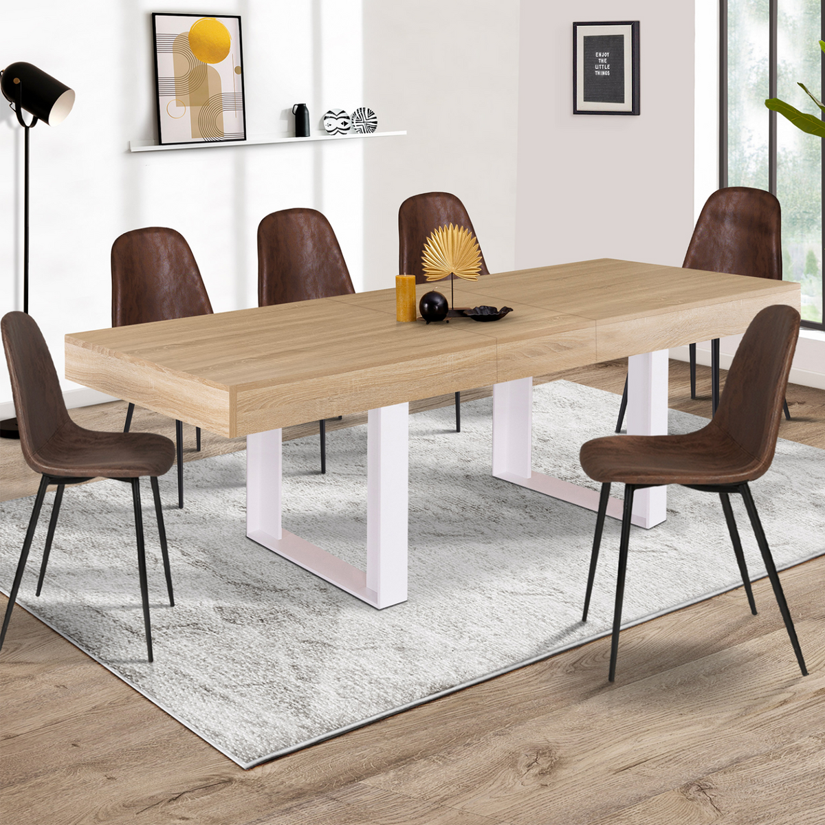 Table à manger extensible rectangulaire PHOENIX 4-8 personnes bois et blanc 160-200 cm