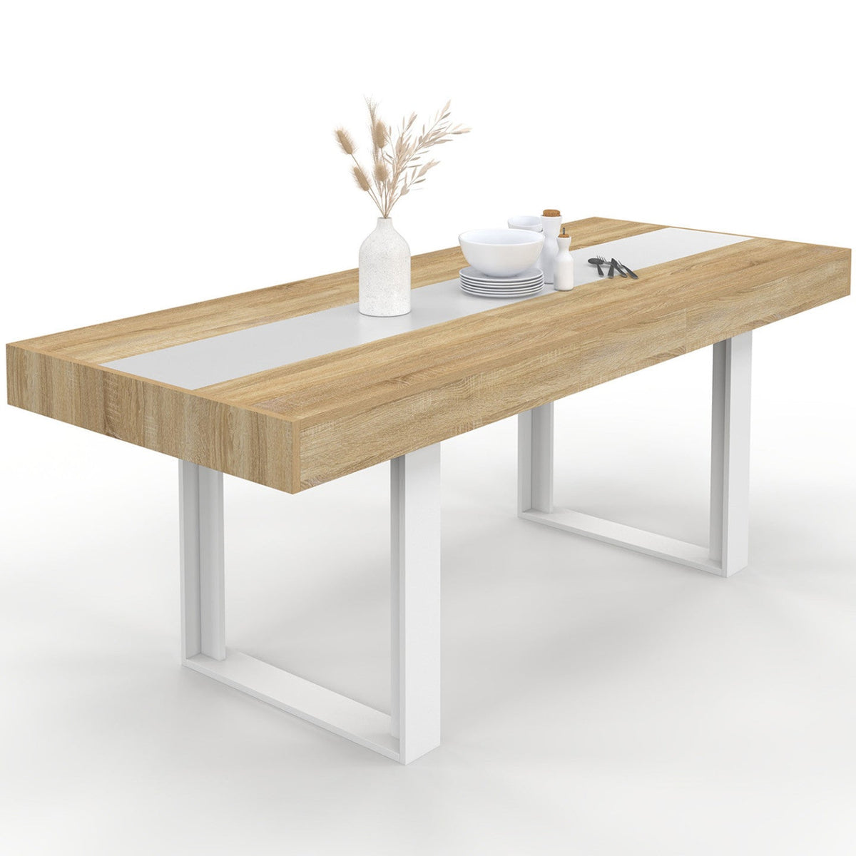 Table à manger extensible rectangulaire PHOENIX 4-8 personnes bois et blanc avec bande centrale blanche 160-200 cm