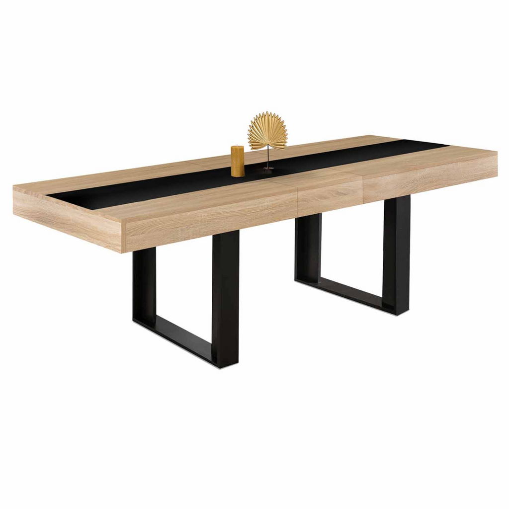 Table de salle à manger extensible rectangulaire PHOENIX 4-8 personnes bois et noir avec bande centrale noire 160-200 cm