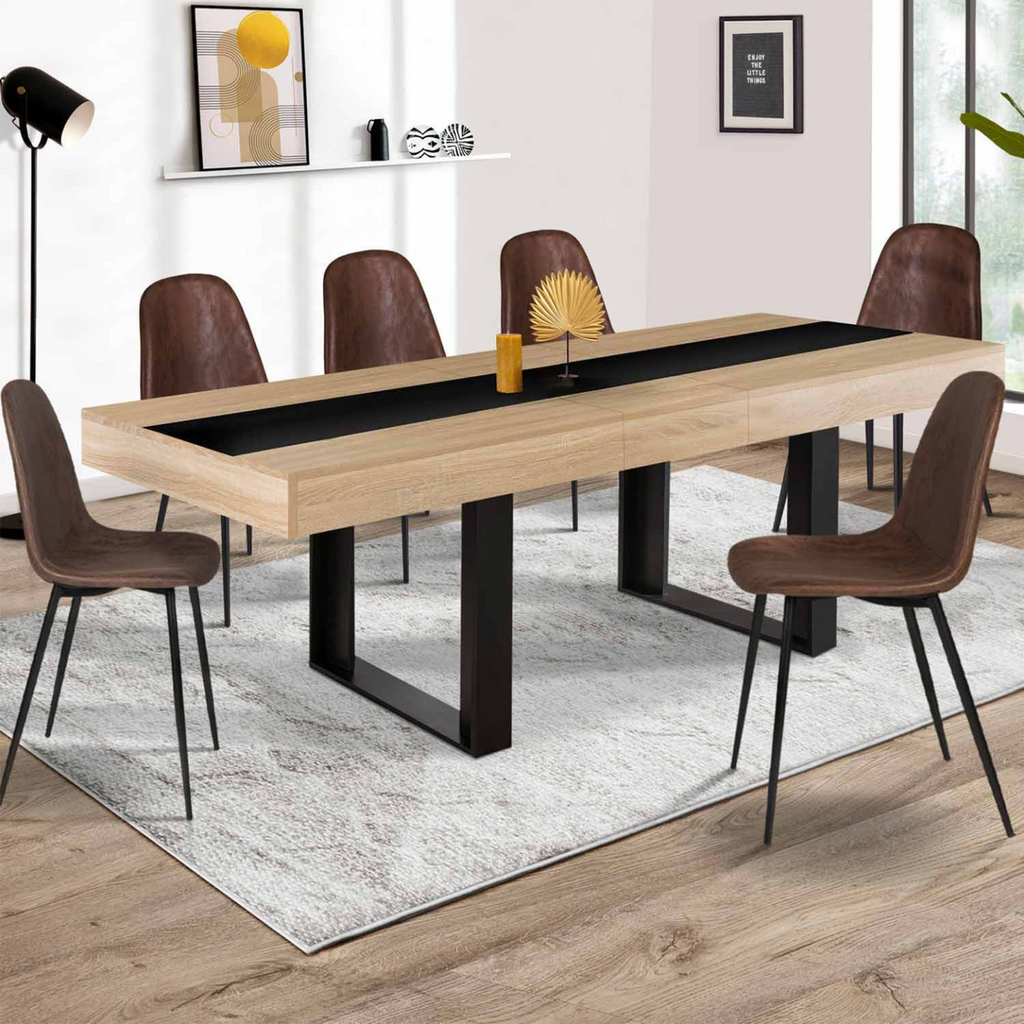 Table de salle à manger extensible rectangulaire PHOENIX 4-8 personnes bois et noir avec bande centrale noire 160-200 cm