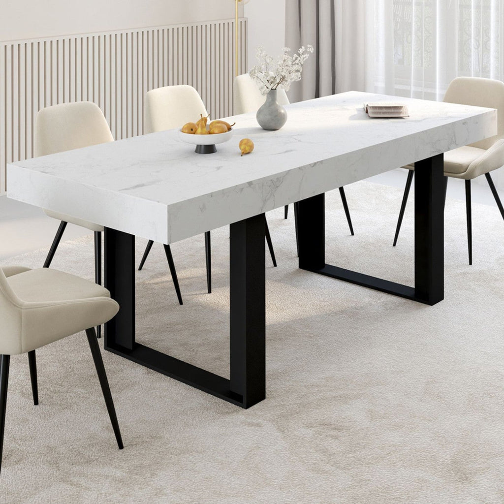 Table de salle à manger extensible rectangulaire PHOENIX 4-8 personnes, plateau effet marbre blanc ALASKA 160-200 cm